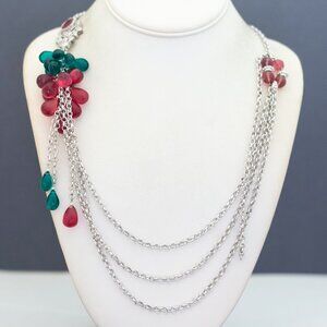 26 inch, Vintage Green & Red Beads Silver Tone Multistrand Necklace - G50